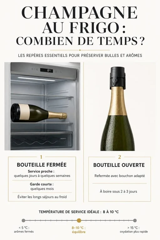Champagne au frigo combien de temps : bouteille fermée et bouteille ouverte avec durées et températures de conservation