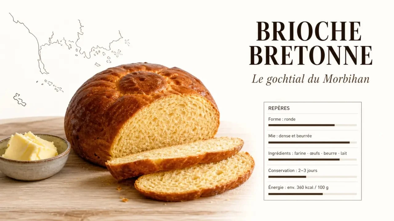Brioche bretonne et gochtial en visuel éditorial, avec détails de mie, croûte et repères nutritionnels