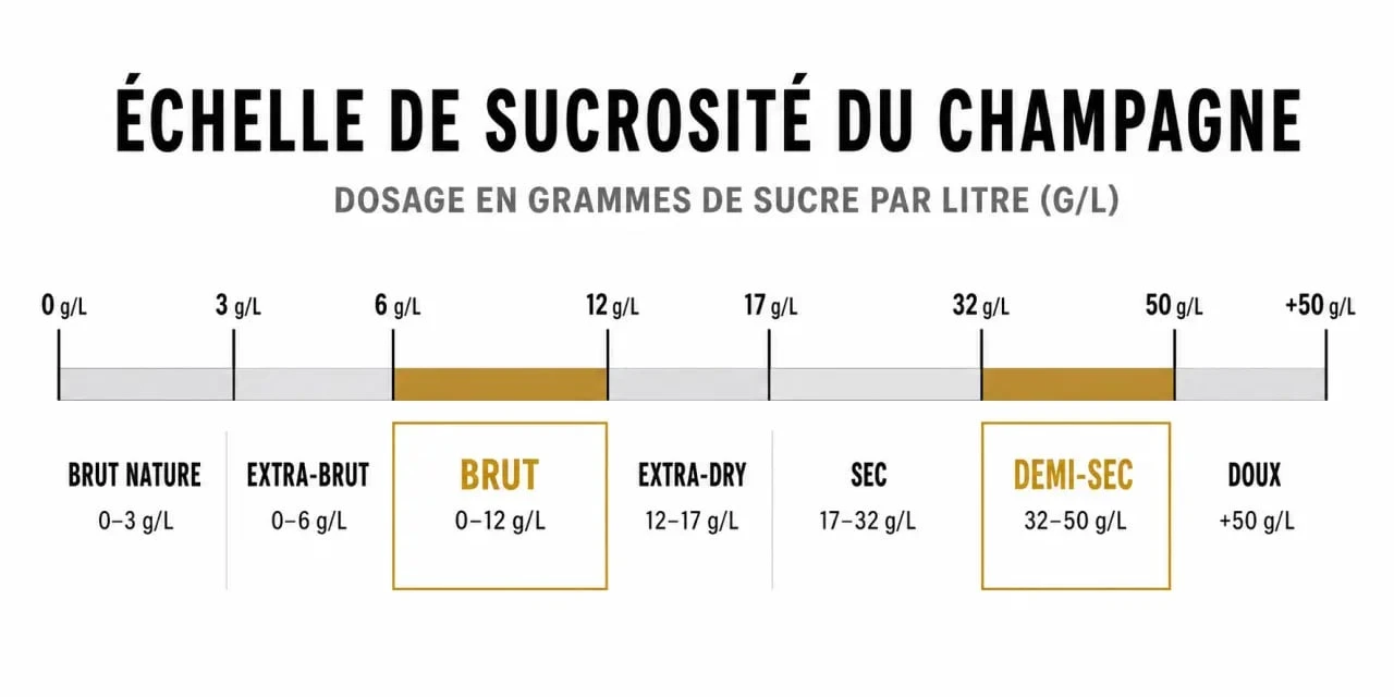 Infographie comparative de l'échelle de sucrosité du champagne : différence entre brut et demi-sec en grammes par litre