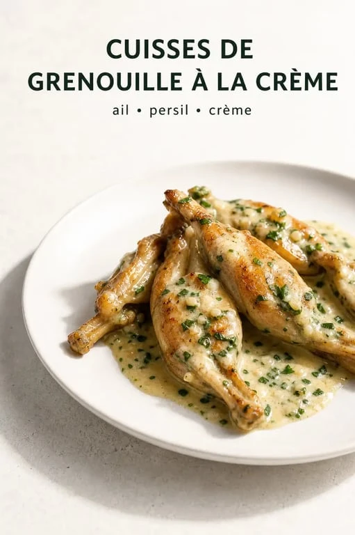 Recette cuisse de grenouille à la crème servie en assiette blanche avec sauce crémeuse à l’ail et au persil