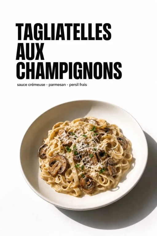Recette pates aux champignons crémeuses servies dans une assiette élégante avec parmesan et persil