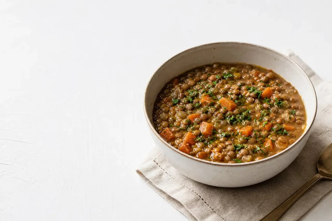 Soupe lentilles maison épaisse et parfumée servie dans un bol