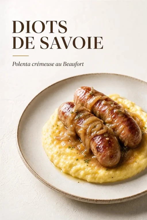 Recette diots polenta servie en assiette avec sauce au vin blanc et polenta crémeuse au Beaufort
