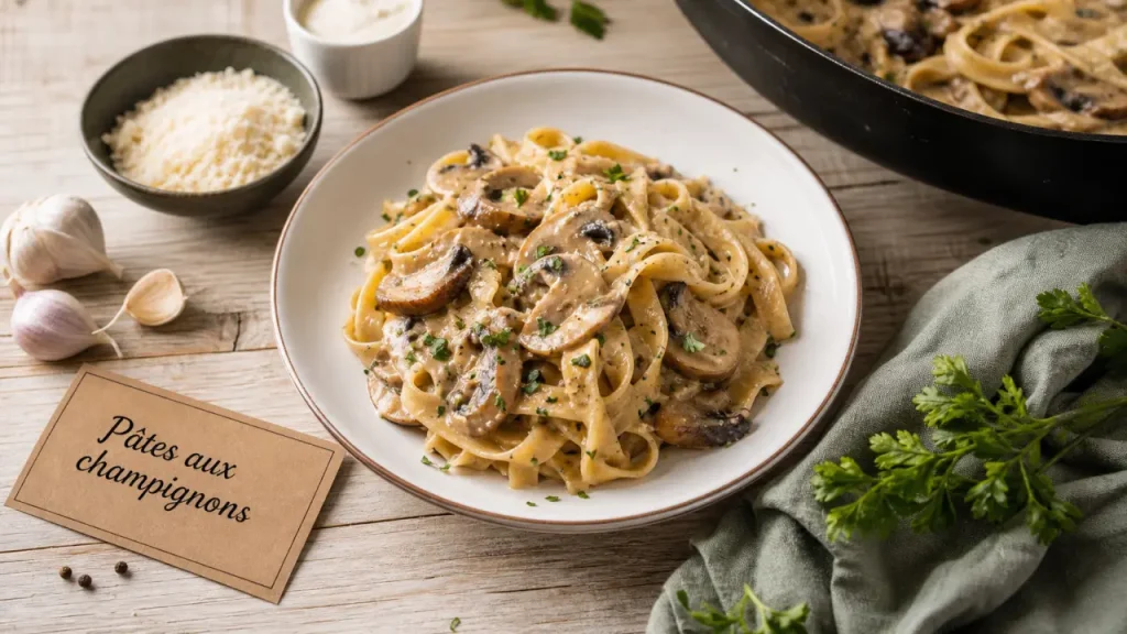 Pâtes aux champignons crémeuses avec sauce et champignons, vue de dessus