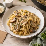 Pâtes aux champignons crémeuses avec sauce et champignons, vue de dessus