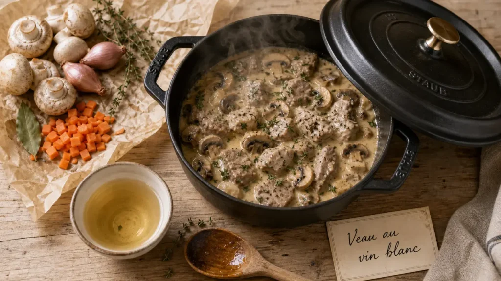 Quelle viande cuisiner avec du vin blanc : veau aux champignons en cocotte, vin blanc sec