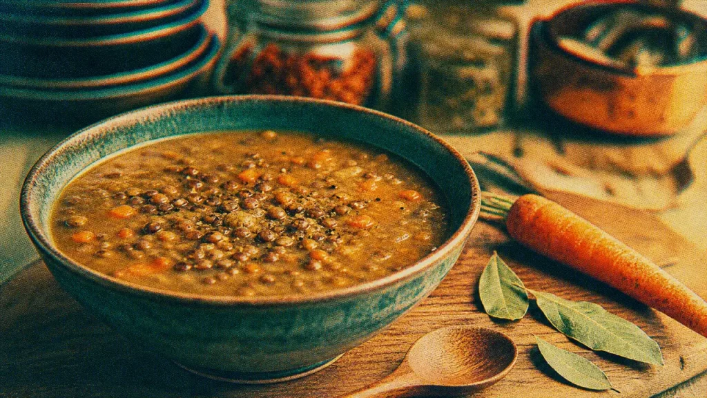 Soupe lentilles épaisse réconfortante en bol, lentilles entières visibles