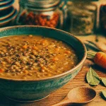 Soupe lentilles épaisse réconfortante en bol, lentilles entières visibles