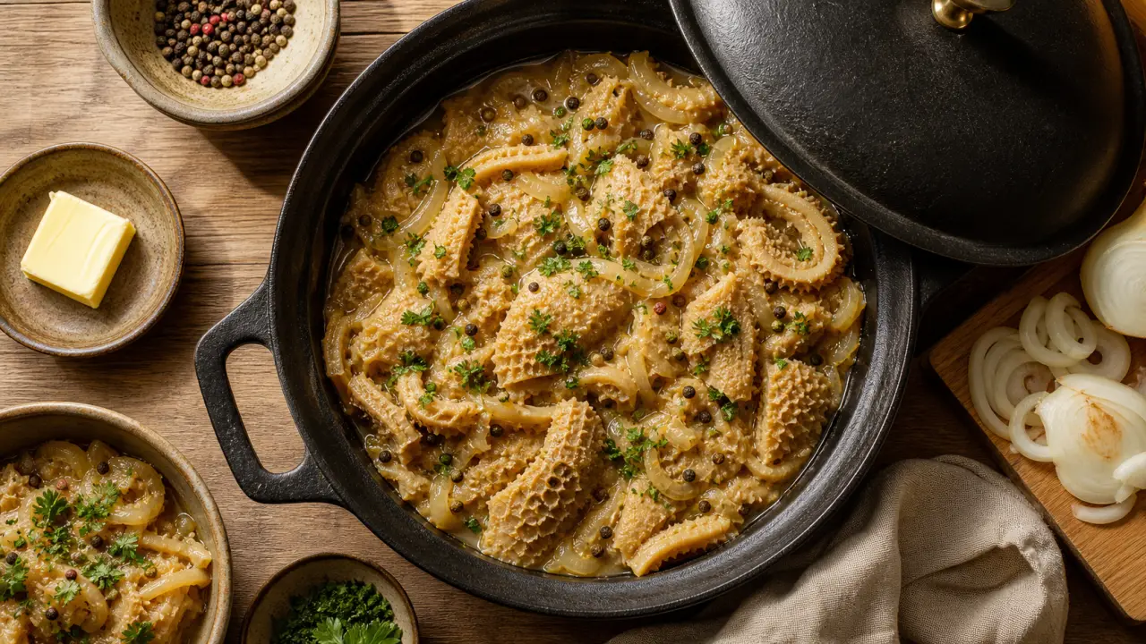 Tripes à la lyonnaise aux oignons dorés et vinaigre, plat lyonnais