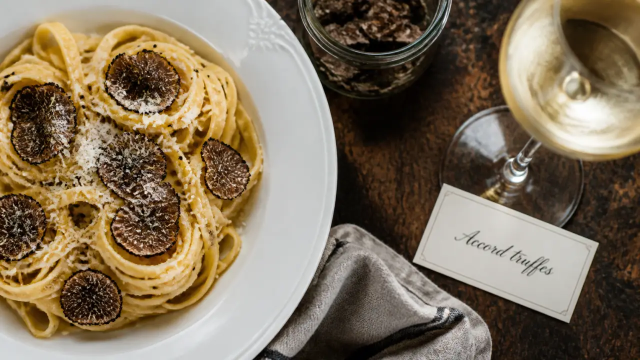 Accord mets vins pates aux truffes : pâtes à la truffe et verre de vin blanc