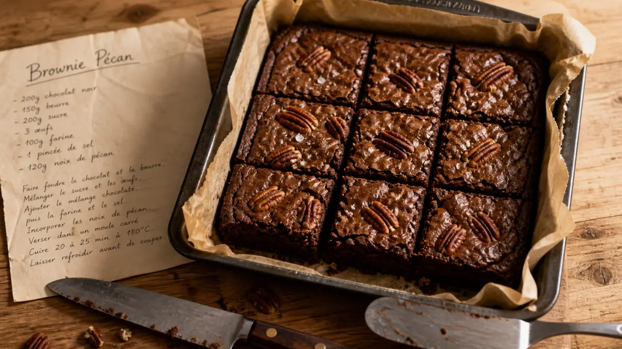 Brownie noix de pécan fondant, cuisson 180°C, moule 20 cm