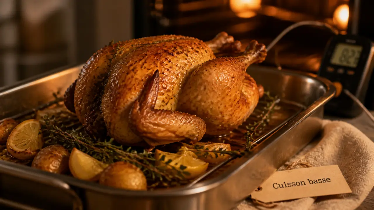 Cuisson poulet basse température à 90°C, départ à froid, peau croustillante