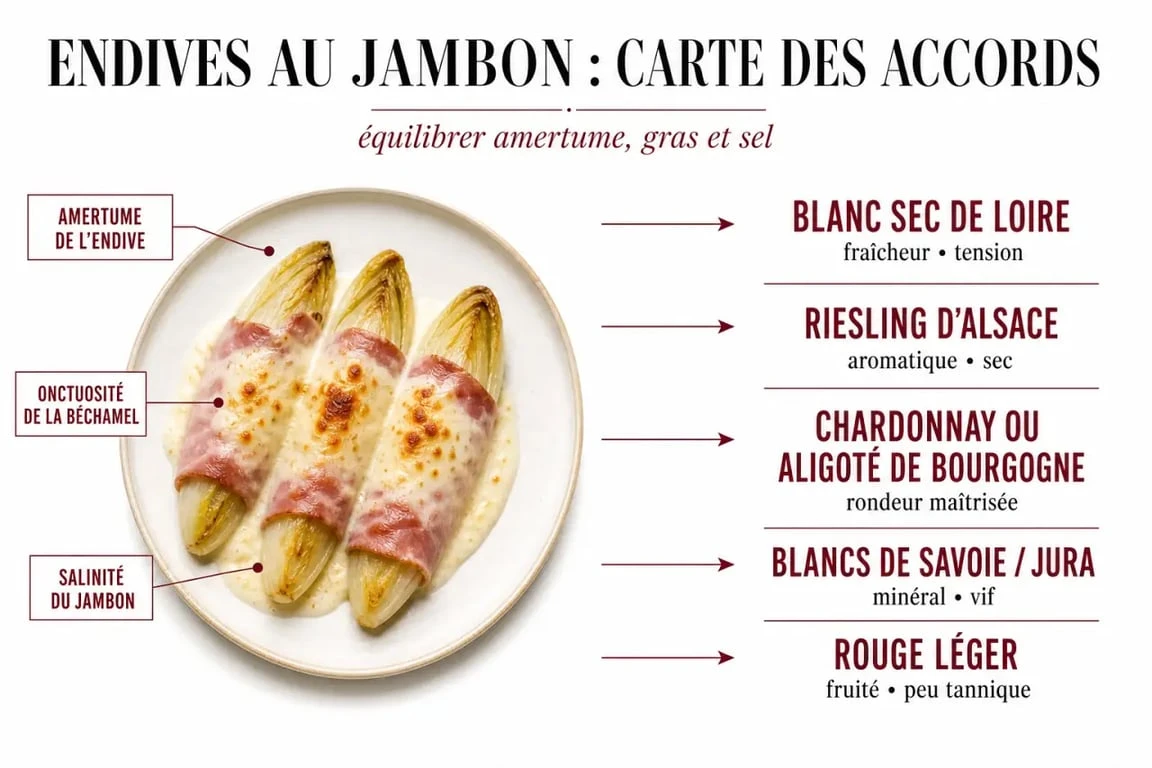 Accord mets vins endives au jambon : schéma des saveurs du plat et des vins recommandés