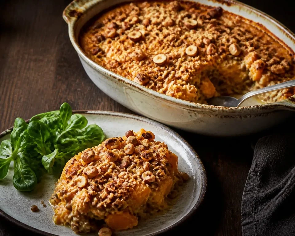 Recette végétarienne hiver : gratin de courge, lentilles et noisettes doré au four