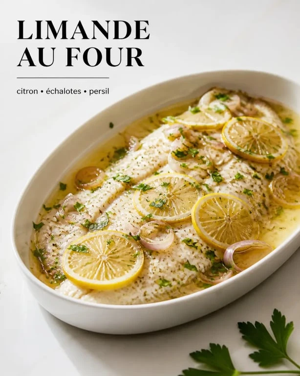 Recette limande au four servie dans un plat avec citron, beurre et persil