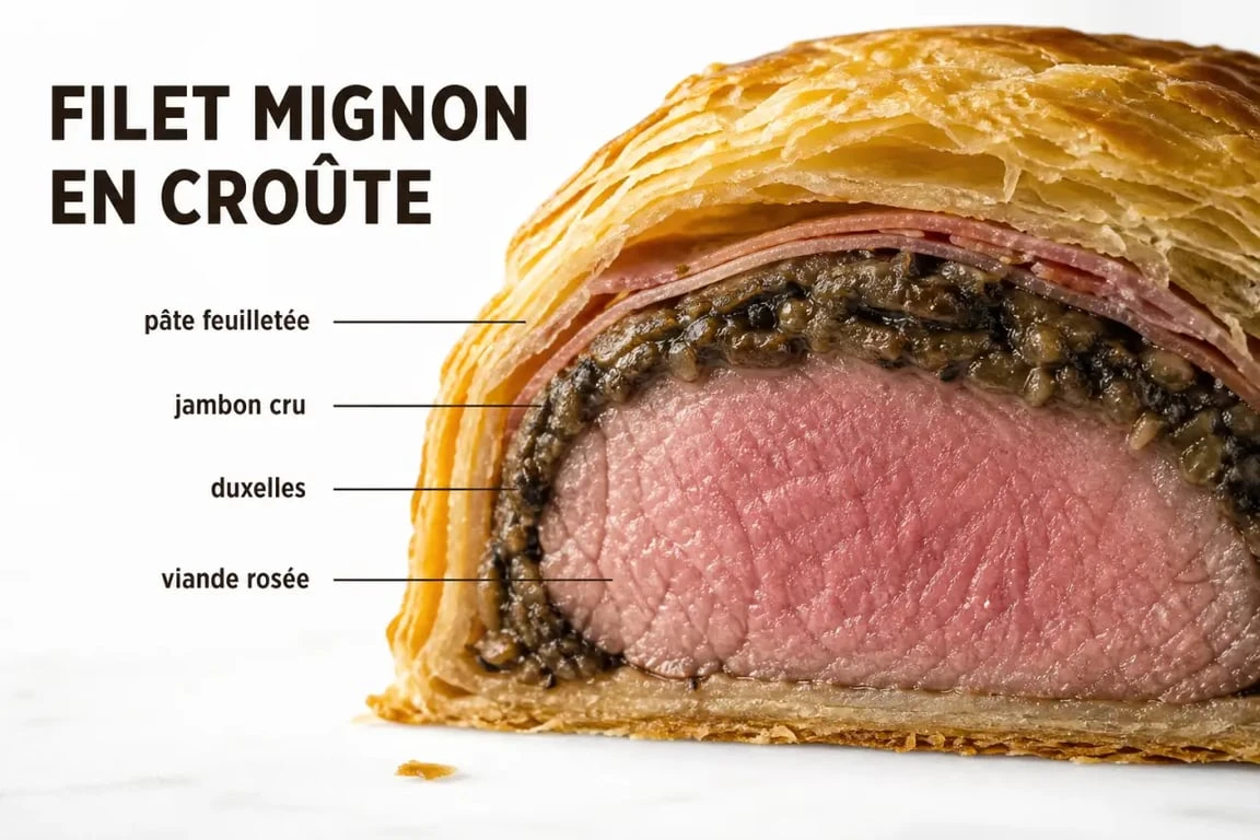 Filet mignon en croûte gastronomique en coupe avec les couches visibles et la viande rosée