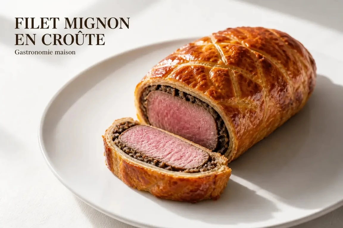 Filet mignon en croûte gastronomique doré et servi en tranche sur assiette élégante