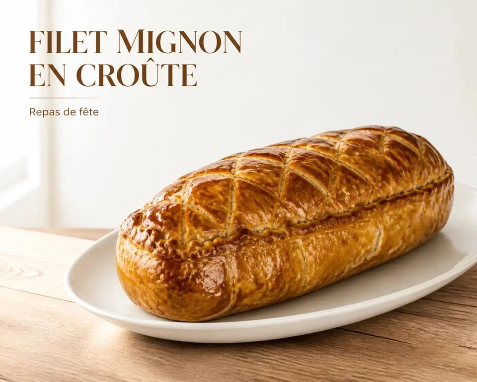 Filet mignon en croûte gastronomique entier doré et présenté pour un repas de fête