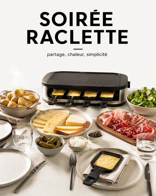 Soirée raclette conviviale avec appareil central, pommes de terre, fromages et accompagnements bien disposés