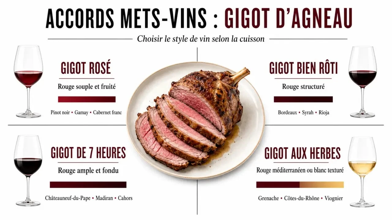 Quel vin servir avec le gigot d'agneau : illustration éditoriale des meilleurs accords selon la cuisson