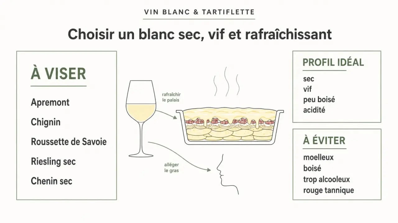 Quelle vin blanc pour tartiflette : visuel des meilleurs accords, des alternatives et des vins à éviter