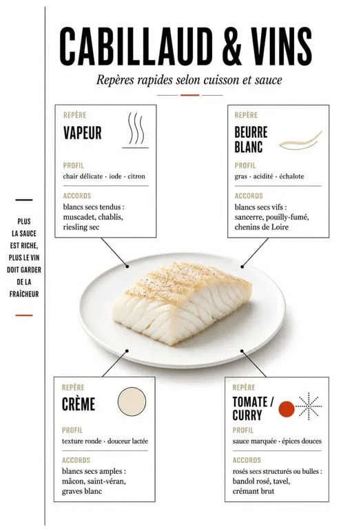Quel vin servir avec du cabillaud : accords visuels entre cuisson, sauce et cépage