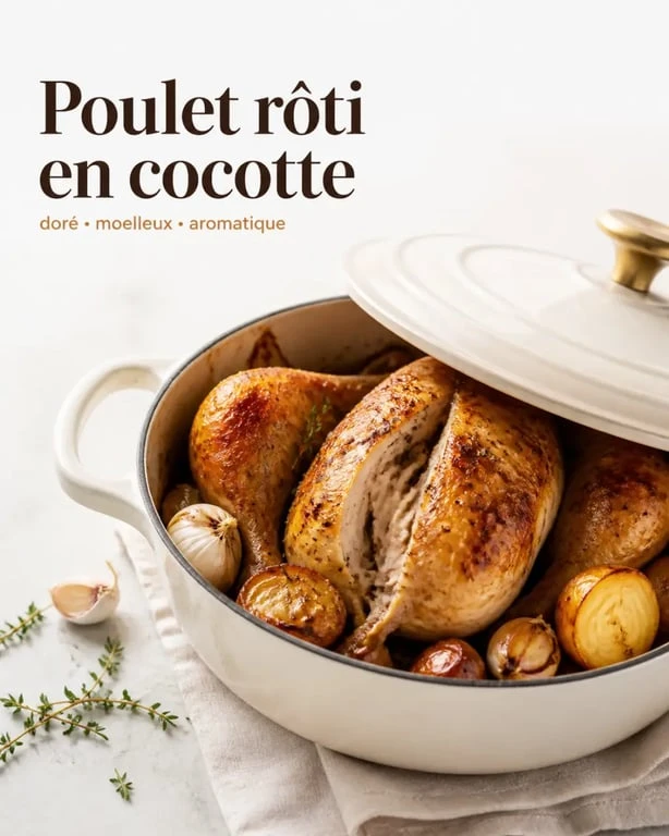 Recette de poulet au four cocotte fermée, poulet doré et moelleux servi en cocotte avec pommes de terre