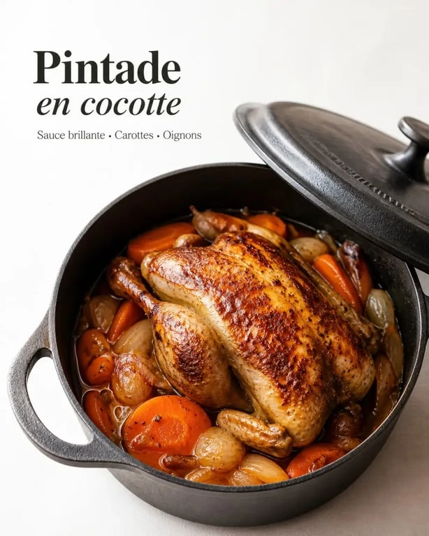 Pintade recette cocotte servie en cocotte avec légumes et sauce dorée