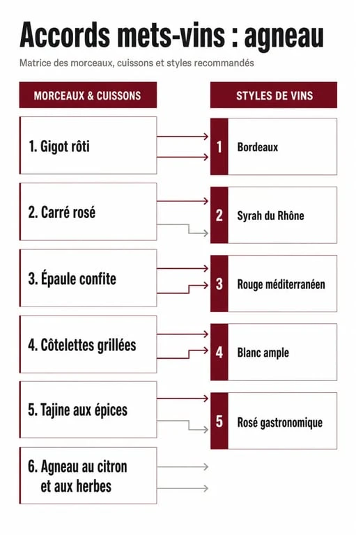 Accord mets vins agneau en matrice visuelle des meilleurs accords selon le morceau et la cuisson