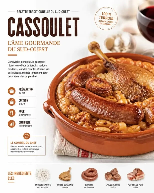 Plat traditionnel de cassoulet du Sud-Ouest dans un plat en terre cuite