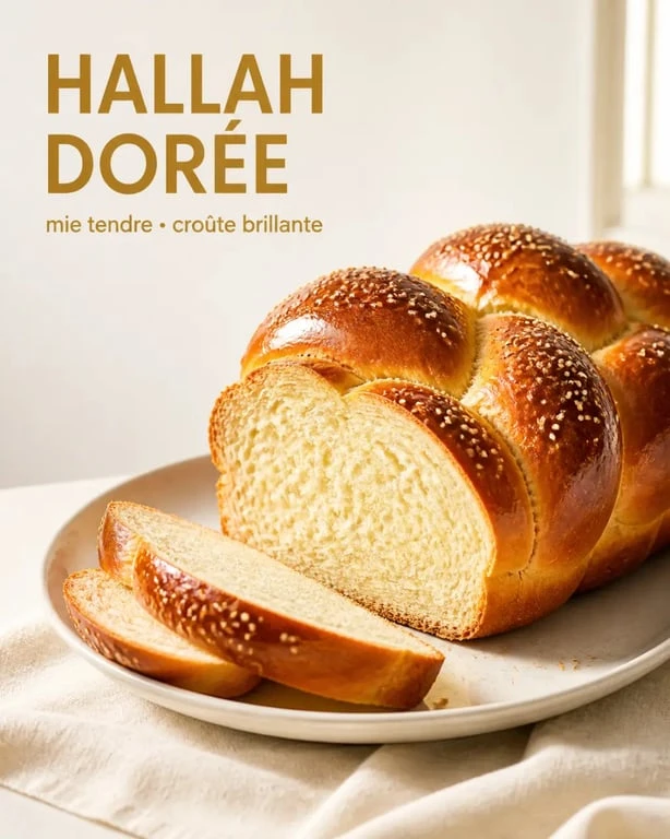Hallah tressée dorée sur table sobre, recette de hallah maison