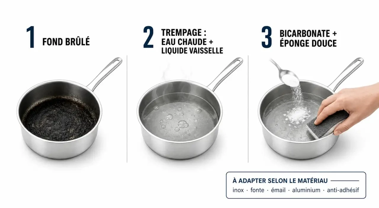 Comment nettoyer une casserole brulée : étapes visuelles du trempage au bicarbonate et au nettoyage doux