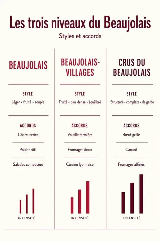 Accords mets vins beaujolais : visuel des styles de beaujolais et de leurs accords recommandés