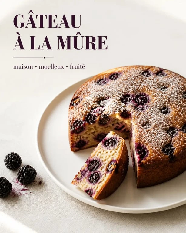 Gâteau à la mûre maison moelleux, présenté en part sur une assiette blanche