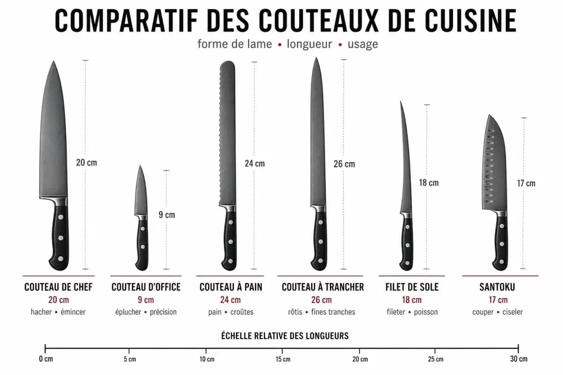 Type de couteau de cuisine : comparatif visuel des lames et de leurs usages