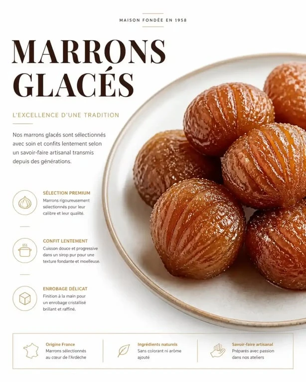 Marrons glacés faits maison, recette traditionnelle de marrons confits brillants dans une assiette.
