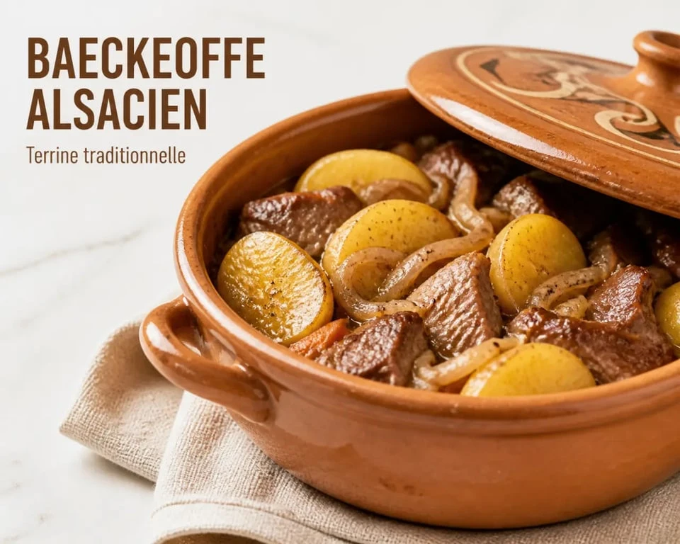 Recette baeckeoffe recette alsacienne servie dans une terrine traditionnelle avec pommes de terre, viandes et légumes fondants