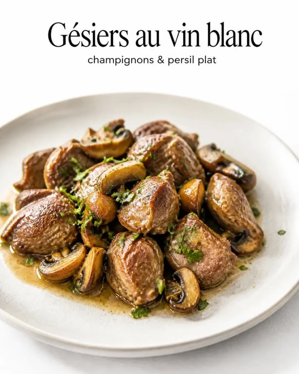 Recette gésiers de volaille poêlés au vin blanc et champignons, assiette dressée appétissante