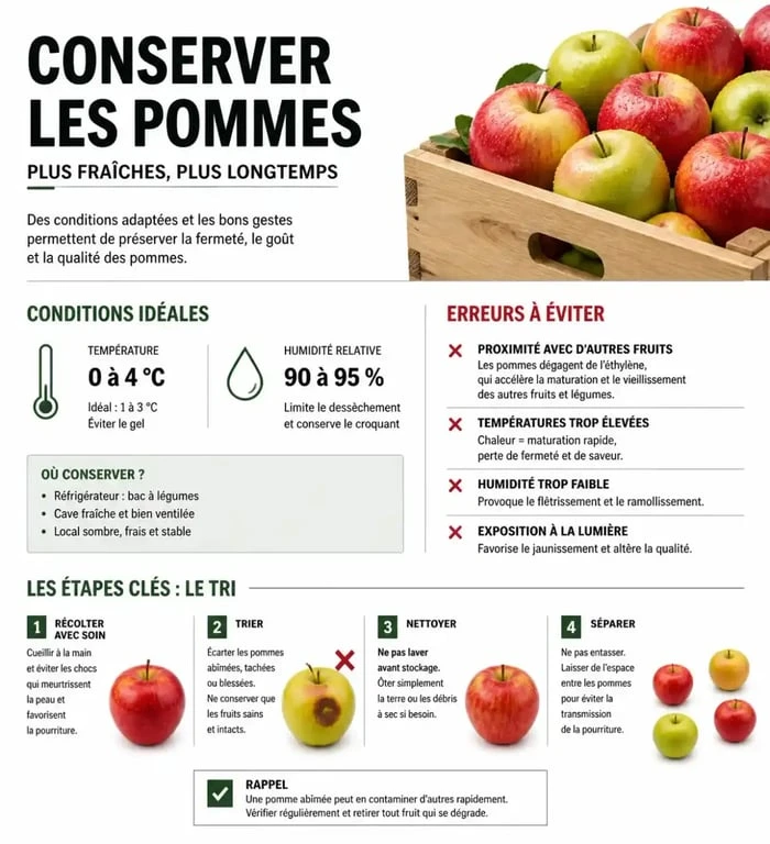 Infographie sur les méthodes de conservation des pommes pour garder leur fraîcheur