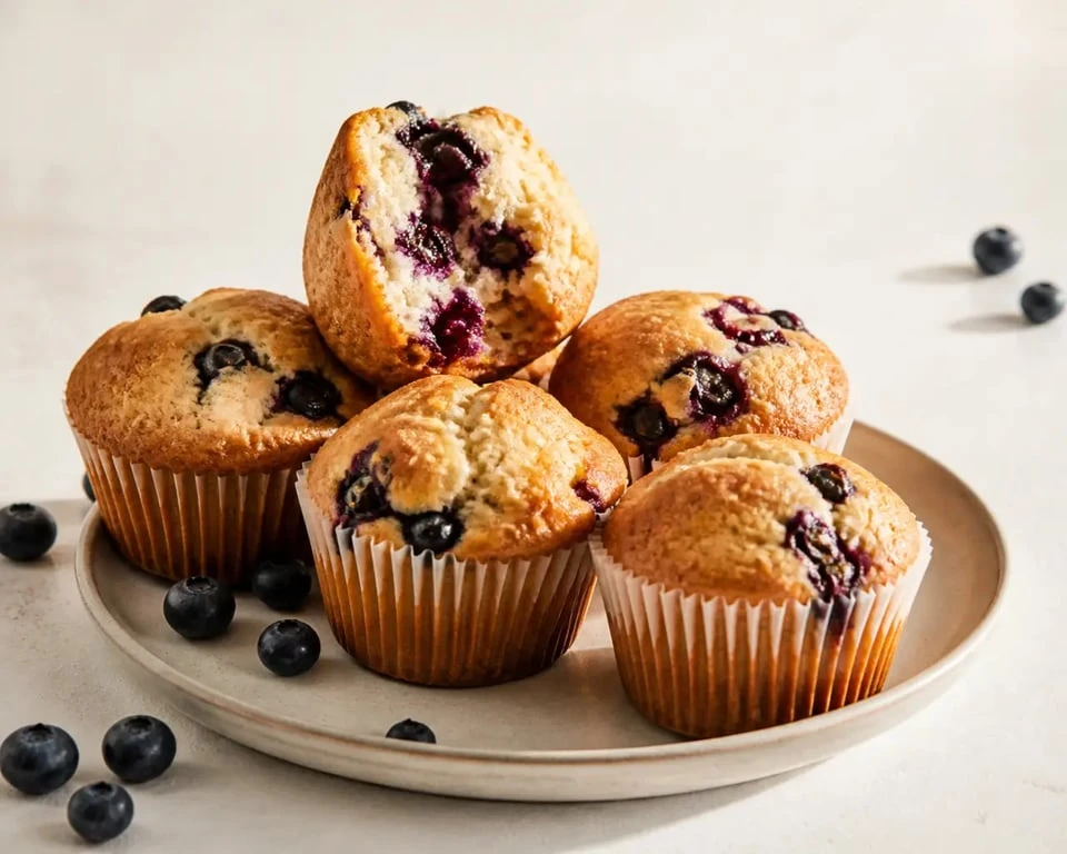 Muffin myrtille moelleux et dorés présentés sur une assiette