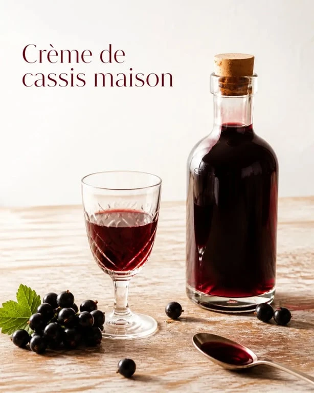Recette crème de cassis maison en bouteille et verre, avec baies de cassis