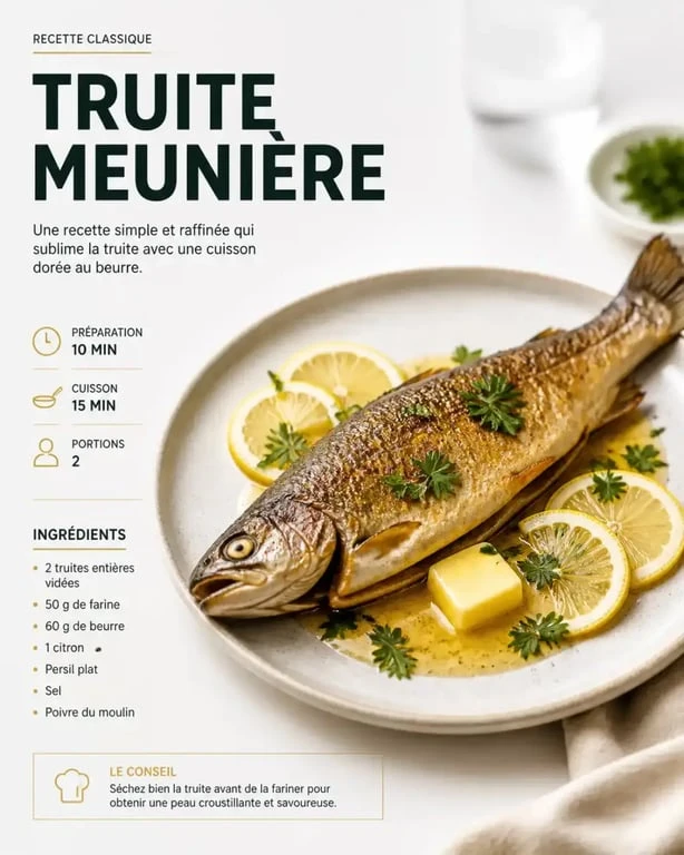 Truite entière cuite à la poêle façon meunière avec citron et persil