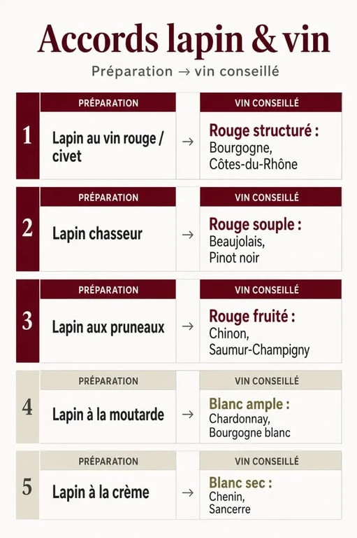 Lapin et vin rouge : tableau visuel des accords selon la préparation