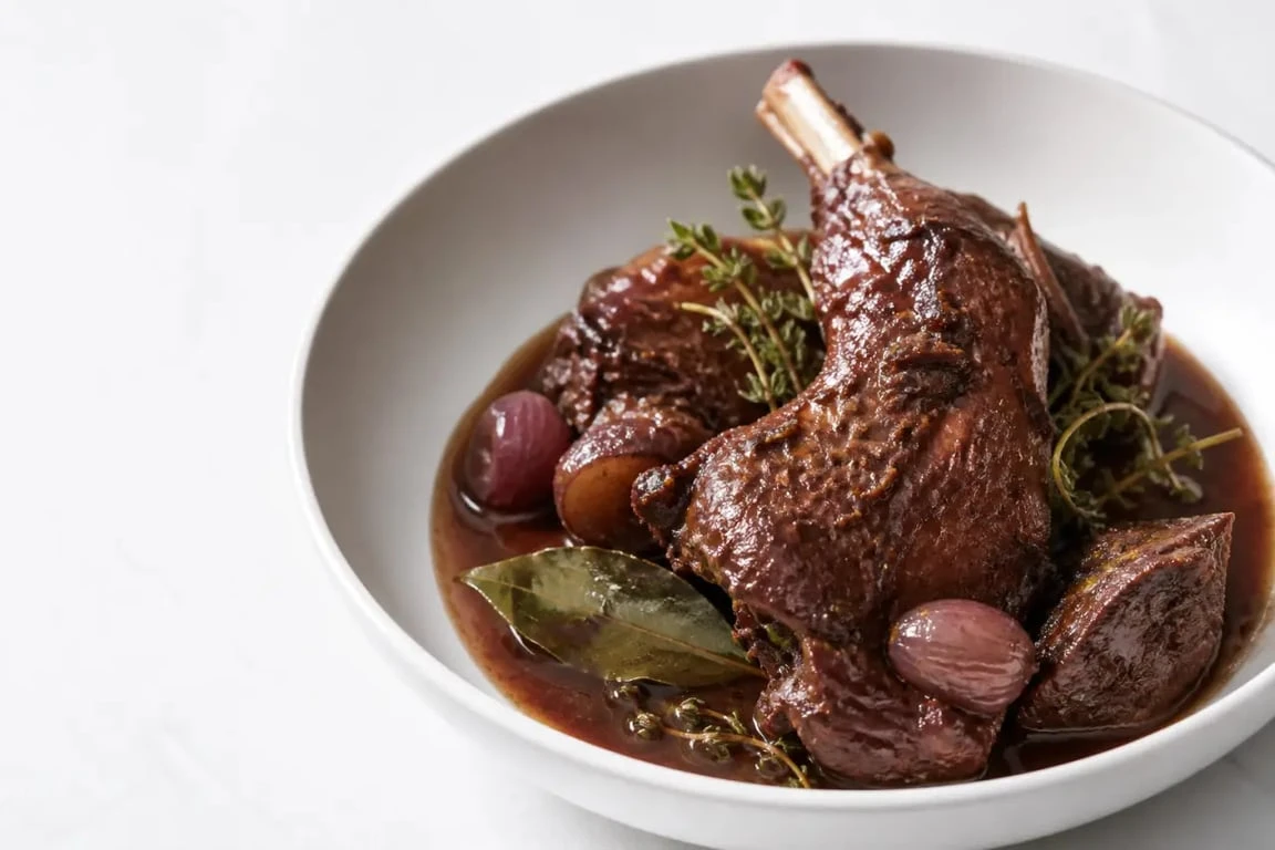 Lapin et vin rouge : plat mijoté servi en cocotte avec sauce brillante et aromates