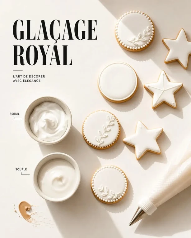Recette glacage royale avec biscuits décorés au glaçage blanc sur assiette blanche