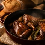 Lapin et vin rouge en cocotte, sauce brune