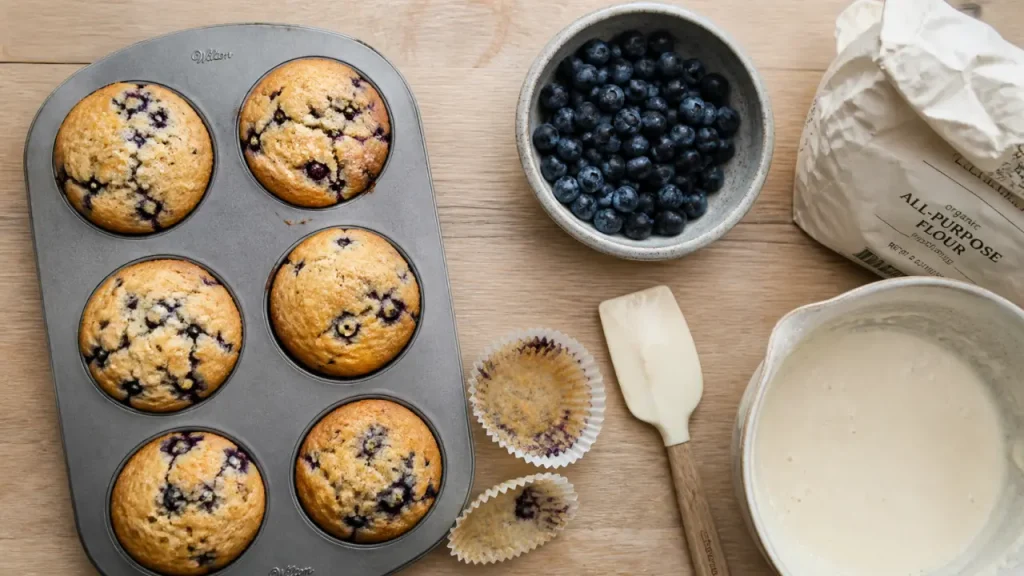 Muffins aux myrtilles moelleux : 180 °C, pâte peu travaillée et dôme bombé
