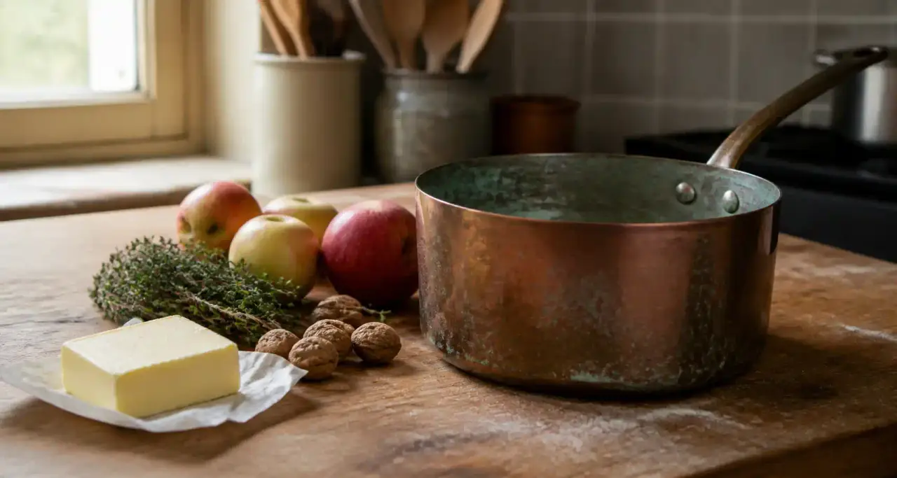 Plan de travail de cuisine avec une cocotte en cuivre patinée et des ingrédients de saison