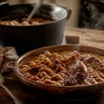 Plat du sud ouest : cassoulet fumant sur table en bois