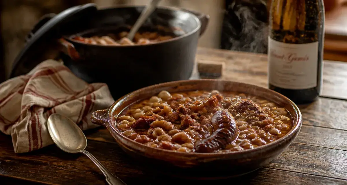 Plat du sud ouest : cassoulet fumant sur table en bois